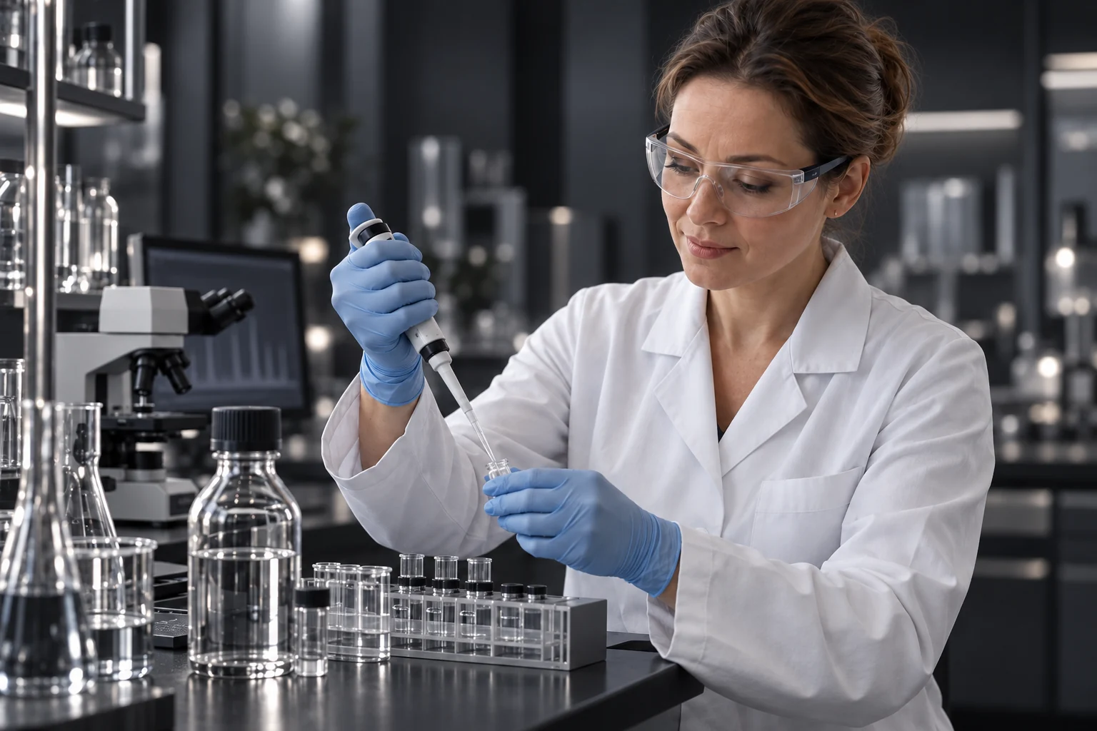 Laborantka przy stanowisku badawczym — ilustracja sekcji badań laboratoryjnych srebra koloidalnego Vitacolloids