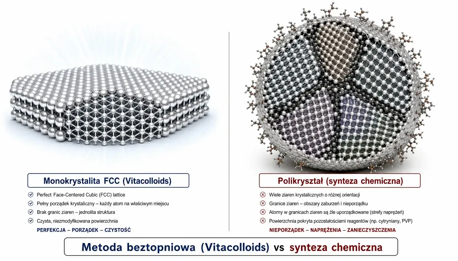 Porównanie struktury krystalicznej: monokrystalita FCC (Vitacolloids) vs polikryształ (synteza chemiczna)