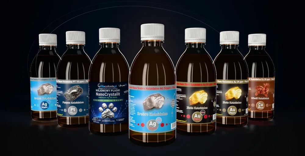 Kolekcja butelek Vitacolloids: niejonowe srebro, złoto, miedź i platyna koloidalna oraz NanoCrystalit For Pets